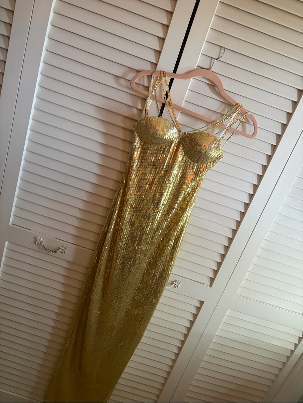 Gold Sequin formal dress with gold chains crossing chest long tight fitted